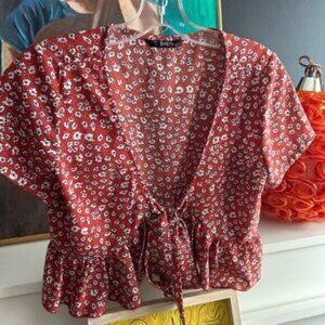 SHEIN Red Tie Front Peplum Blouse
